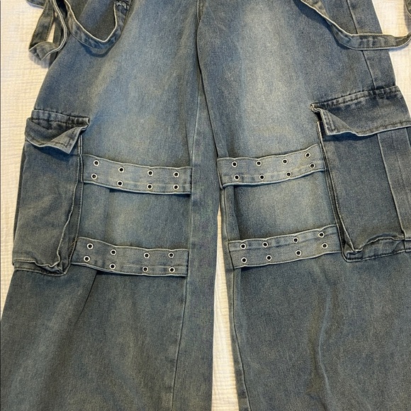 ROMEE Women's Blue Cargo Jeans Size 6 Grunge Punk Flap Pockets Wide Leg - Picture 6 of 11